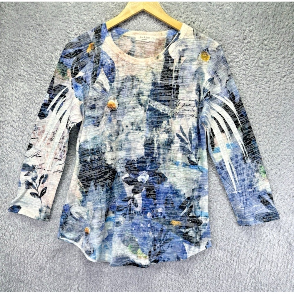 Jess & Jane Women S Blue Floral Top Lightweight Artsy Boho Tunic Wearable Art